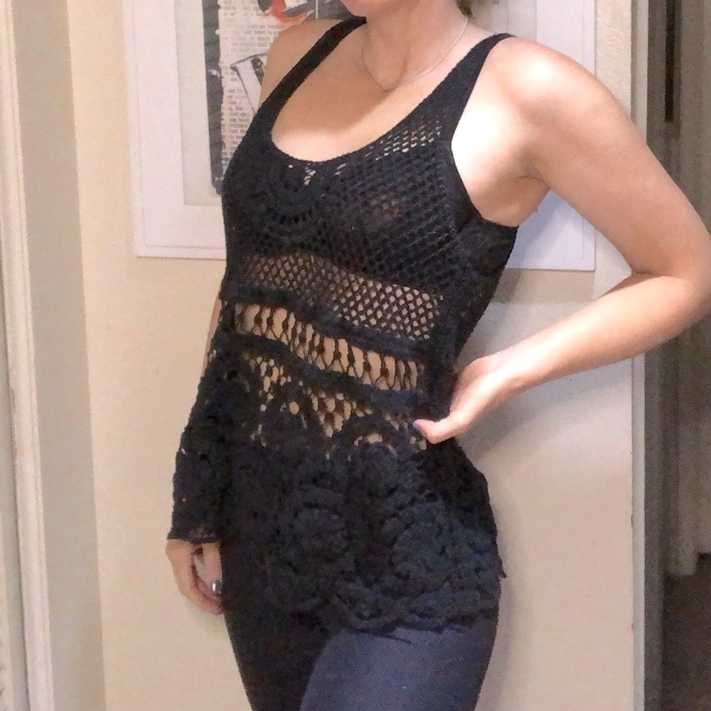 Vintage Black crochet tank top boho style unique woven knit tank sleeveless top